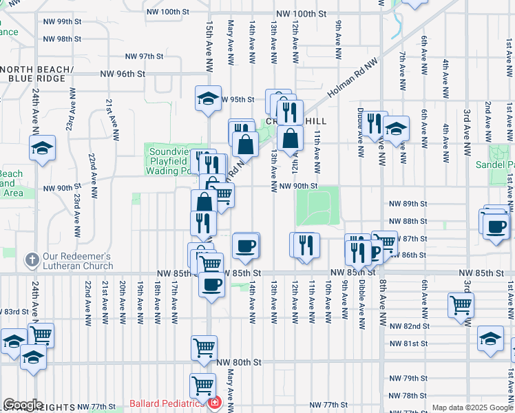 map of restaurants, bars, coffee shops, grocery stores, and more near 8740 14th Avenue Northwest in Seattle