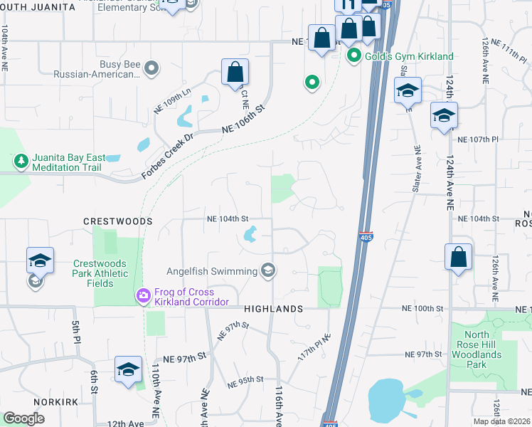 map of restaurants, bars, coffee shops, grocery stores, and more near 10406 115th Place Northeast in Kirkland