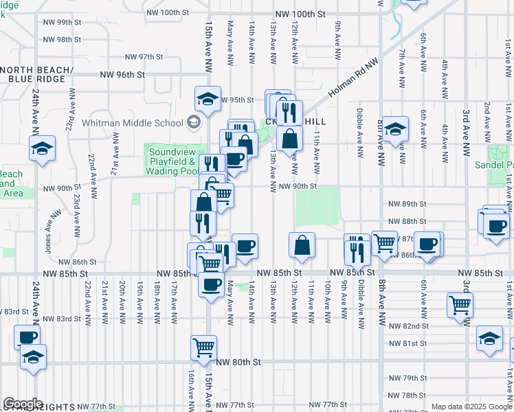 map of restaurants, bars, coffee shops, grocery stores, and more near 8740 14th Avenue Northwest in Seattle