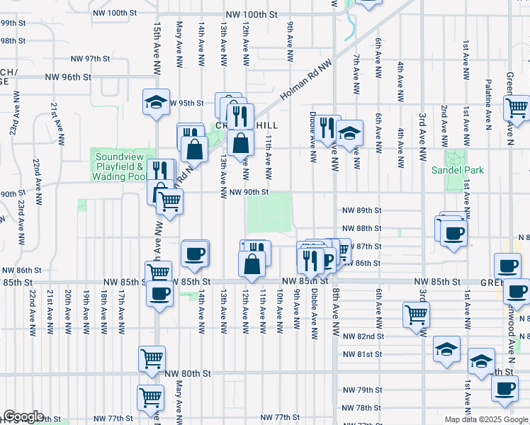 map of restaurants, bars, coffee shops, grocery stores, and more near 8712 12th Avenue Northwest in Seattle