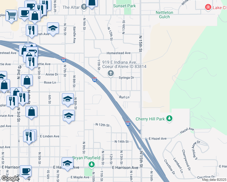 map of restaurants, bars, coffee shops, grocery stores, and more near 1920 North 12th Street in Coeur d'Alene