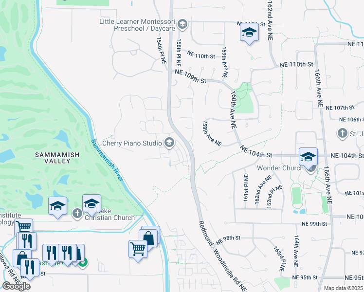 map of restaurants, bars, coffee shops, grocery stores, and more near 10398 157th Place Northeast in Redmond