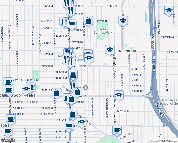 map of restaurants, bars, coffee shops, grocery stores, and more near 1215 North 90th Street in Seattle