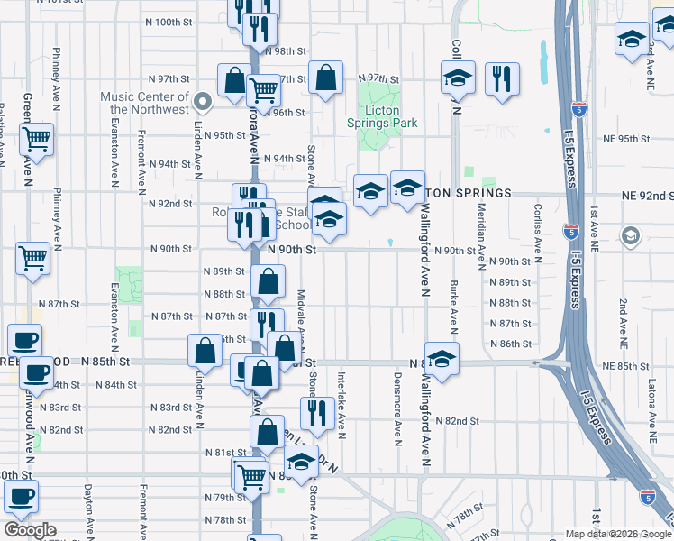 map of restaurants, bars, coffee shops, grocery stores, and more near 8854 Interlake Avenue North in Seattle