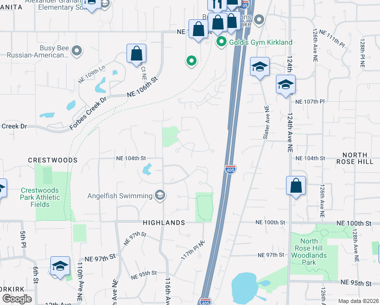 map of restaurants, bars, coffee shops, grocery stores, and more near 11803 Northeast 105th Lane in Kirkland
