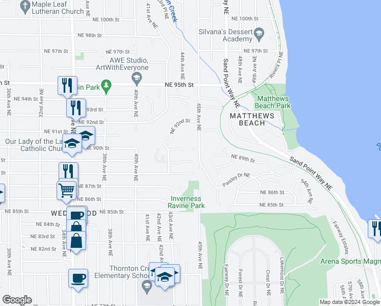map of restaurants, bars, coffee shops, grocery stores, and more near 4411 Northeast 90th Street in Seattle