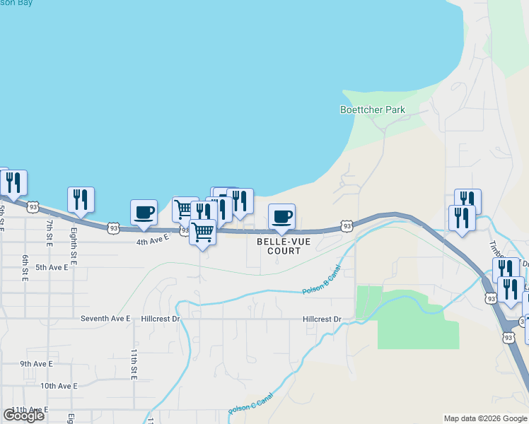 map of restaurants, bars, coffee shops, grocery stores, and more near 50544 U.S. 93 in Polson