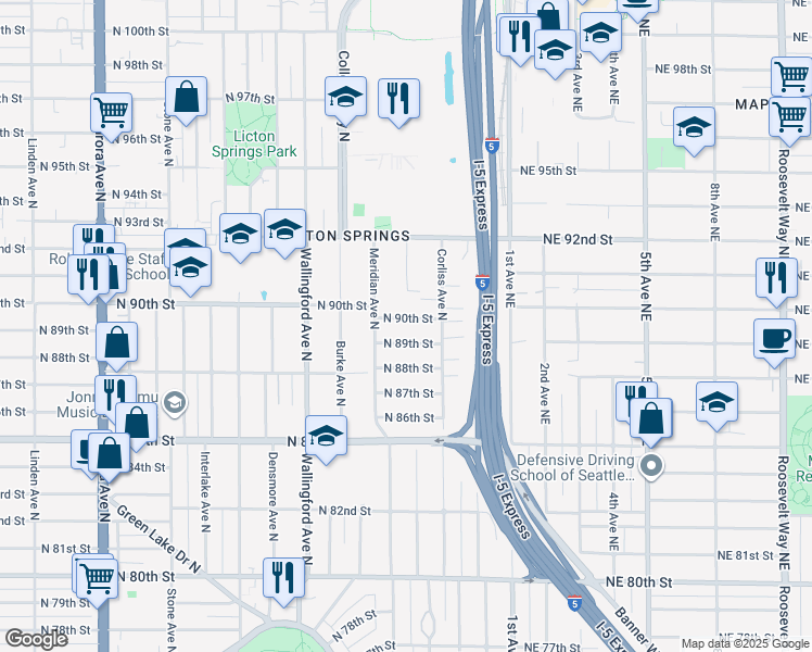 map of restaurants, bars, coffee shops, grocery stores, and more near 2130 North 90th Street in Seattle