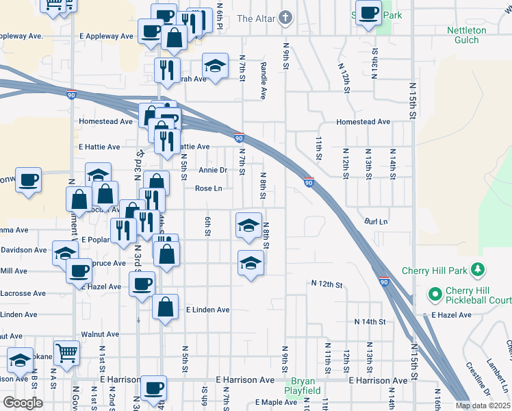 map of restaurants, bars, coffee shops, grocery stores, and more near 713 East Locust Avenue in Coeur d'Alene