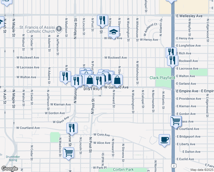 map of restaurants, bars, coffee shops, grocery stores, and more near 3918 North Wall Street in Spokane