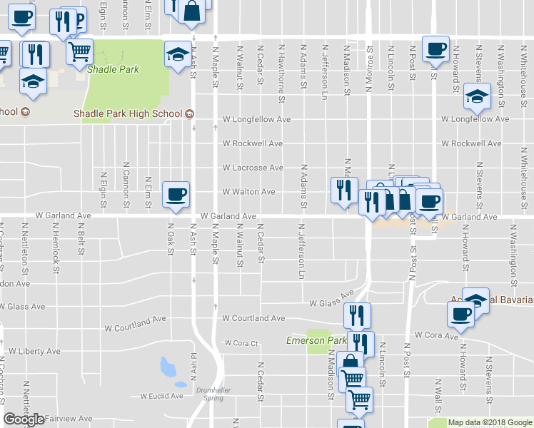map of restaurants, bars, coffee shops, grocery stores, and more near 3920 North Cedar Street in Spokane