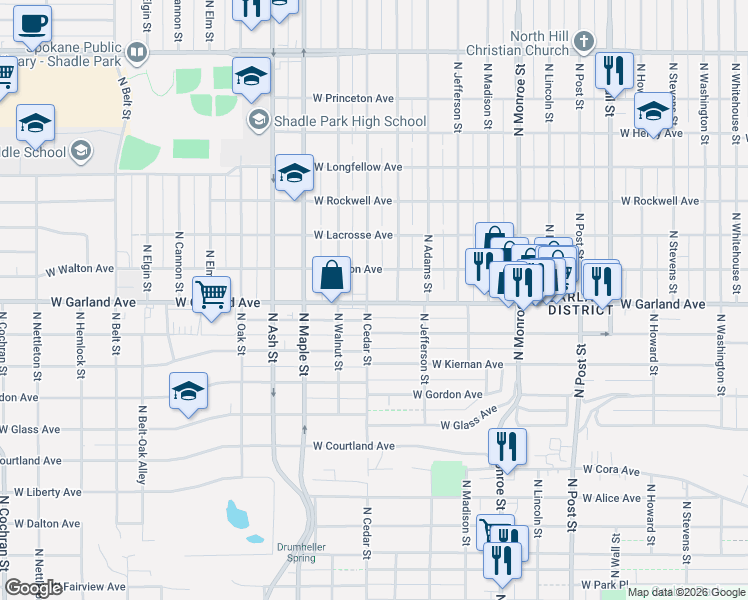 map of restaurants, bars, coffee shops, grocery stores, and more near 3920 North Cedar Street in Spokane