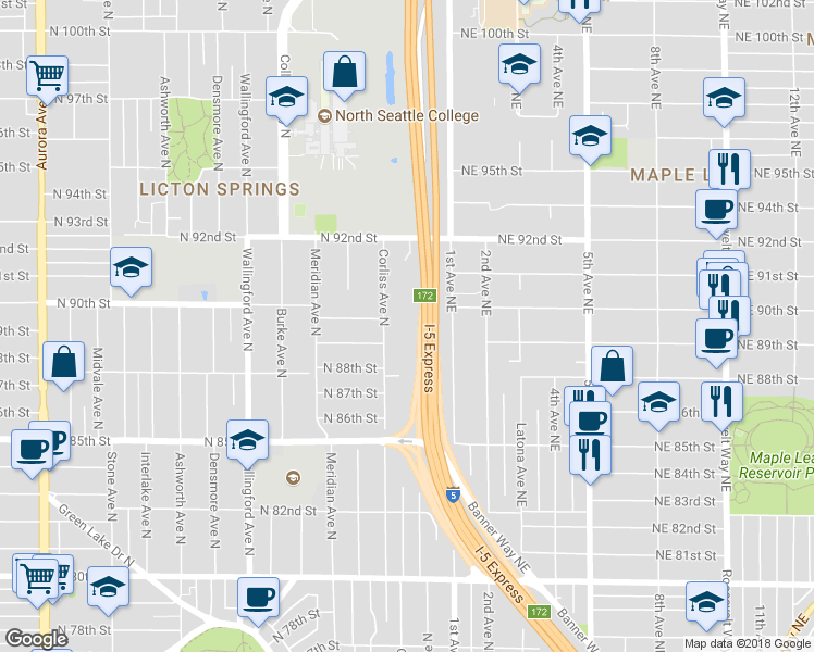 map of restaurants, bars, coffee shops, grocery stores, and more near 9006 Corliss Avenue North in Seattle