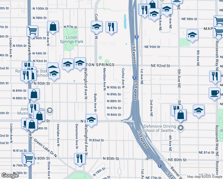 map of restaurants, bars, coffee shops, grocery stores, and more near 2130 North 90th Street in Seattle
