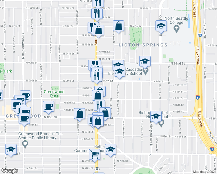 map of restaurants, bars, coffee shops, grocery stores, and more near 8842 Nesbit Avenue North in Seattle