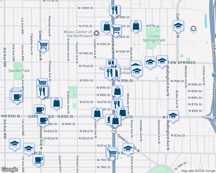map of restaurants, bars, coffee shops, grocery stores, and more near 929 North 90th Street in Seattle