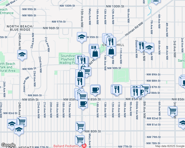 map of restaurants, bars, coffee shops, grocery stores, and more near 1401 Northwest 90th Street in Seattle