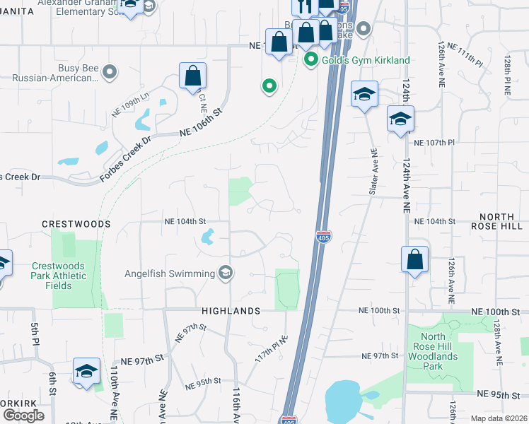 map of restaurants, bars, coffee shops, grocery stores, and more near 11803 Northeast 105th Lane in Kirkland
