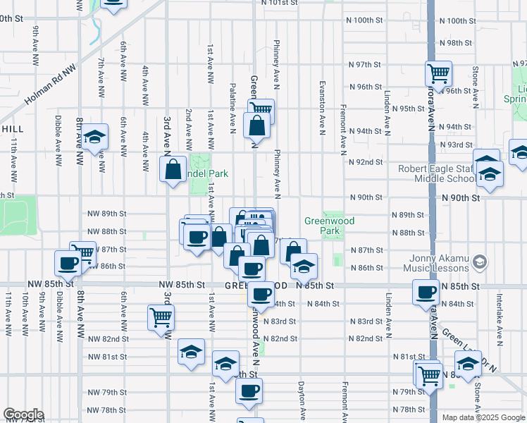 map of restaurants, bars, coffee shops, grocery stores, and more near 8750 Greenwood Avenue North in Seattle