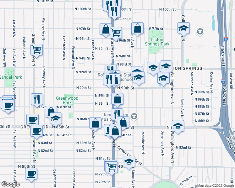 map of restaurants, bars, coffee shops, grocery stores, and more near in Seattle