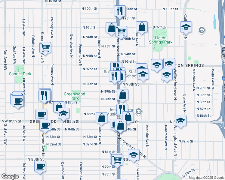 map of restaurants, bars, coffee shops, grocery stores, and more near 929 North 90th Street in Seattle