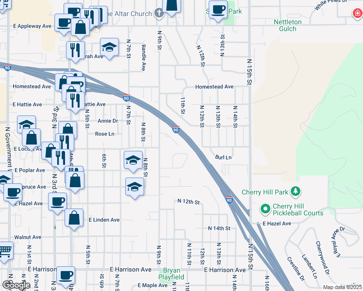 map of restaurants, bars, coffee shops, grocery stores, and more near 1906 Rose Lane in Coeur d'Alene