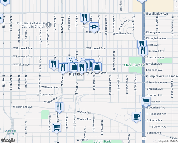 map of restaurants, bars, coffee shops, grocery stores, and more near 608 West Garland Avenue in Spokane