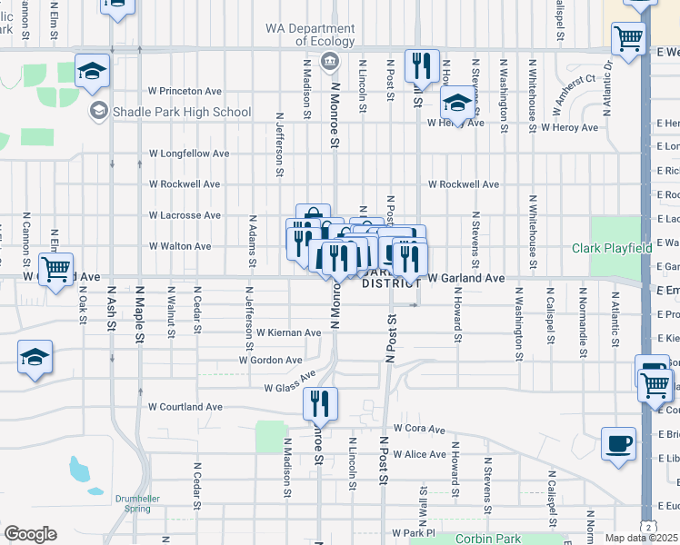 map of restaurants, bars, coffee shops, grocery stores, and more near 3915 North Monroe Street in Spokane