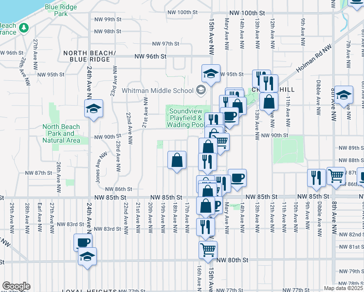 map of restaurants, bars, coffee shops, grocery stores, and more near 8741 17th Avenue Northwest in Seattle