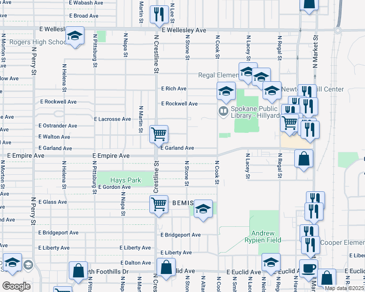 map of restaurants, bars, coffee shops, grocery stores, and more near 2227 E Garland Ave in Spokane