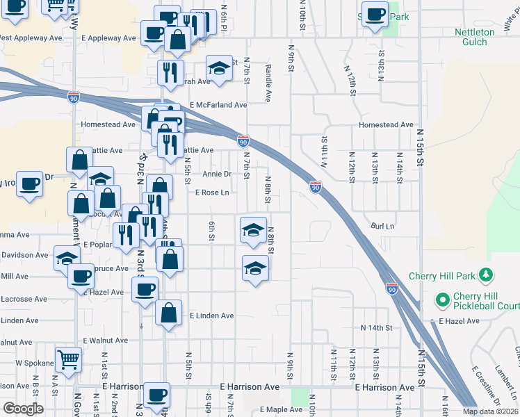 map of restaurants, bars, coffee shops, grocery stores, and more near 711 East Locust Avenue in Coeur d'Alene