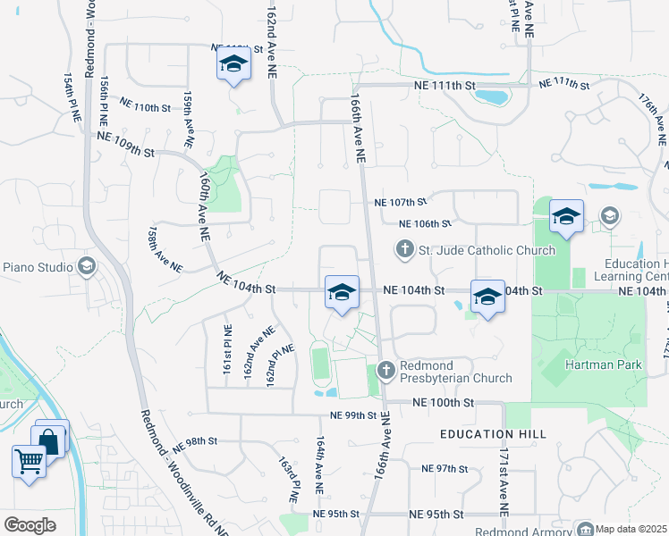 map of restaurants, bars, coffee shops, grocery stores, and more near 16424 Northeast 105th Street in Redmond