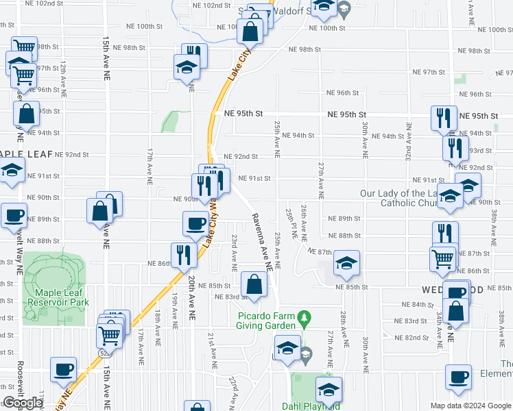 map of restaurants, bars, coffee shops, grocery stores, and more near 8922 Ravenna Avenue Northeast in Seattle