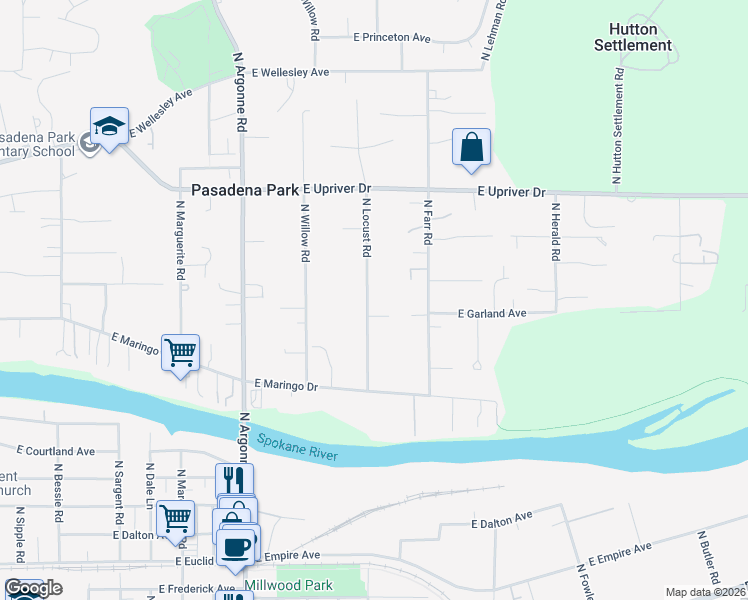 map of restaurants, bars, coffee shops, grocery stores, and more near 4021 North Locust Road in Spokane