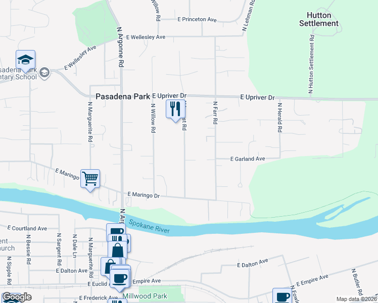 map of restaurants, bars, coffee shops, grocery stores, and more near 4021 North Locust Road in Spokane