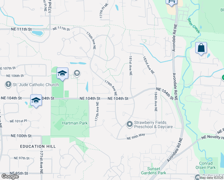 map of restaurants, bars, coffee shops, grocery stores, and more near 10401 180th Ct NE in Redmond