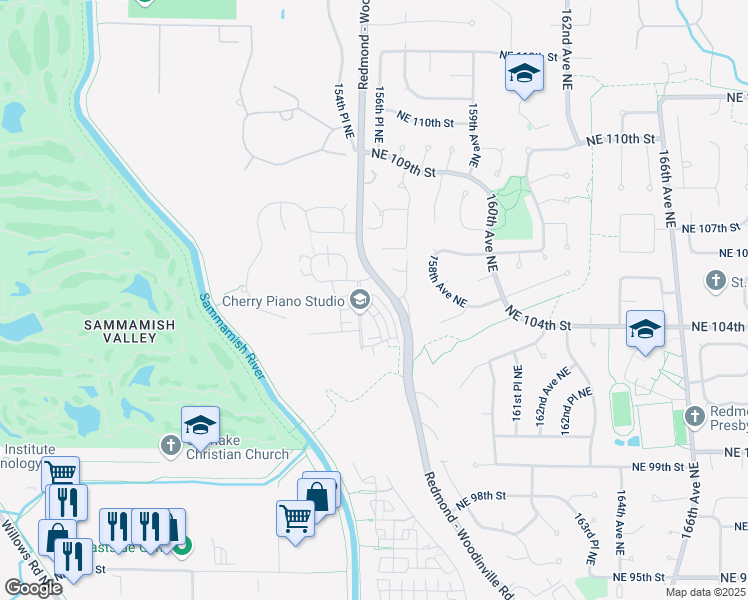 map of restaurants, bars, coffee shops, grocery stores, and more near 10398 157th Place Northeast in Redmond