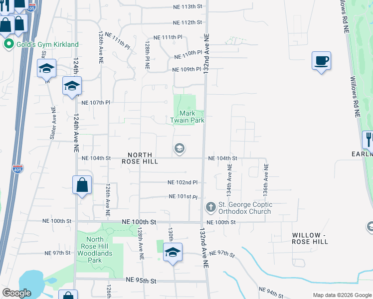 map of restaurants, bars, coffee shops, grocery stores, and more near 10425 132nd Avenue Northeast in Kirkland