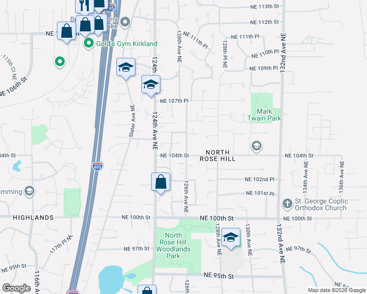 map of restaurants, bars, coffee shops, grocery stores, and more near 10431 126th Avenue Northeast in Kirkland