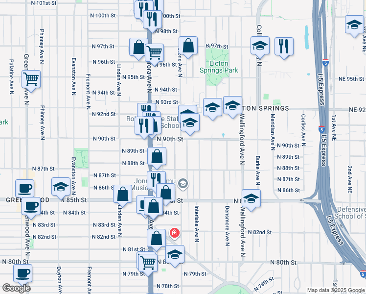 map of restaurants, bars, coffee shops, grocery stores, and more near 1215 North 90th Street in Seattle