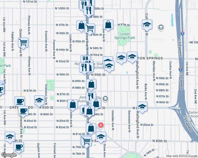 map of restaurants, bars, coffee shops, grocery stores, and more near 8842 Nesbit Avenue North in Seattle