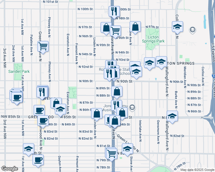 map of restaurants, bars, coffee shops, grocery stores, and more near 929 North 90th Street in Seattle