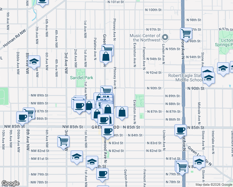 map of restaurants, bars, coffee shops, grocery stores, and more near 411 North 90th Street in Seattle
