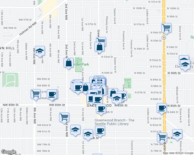 map of restaurants, bars, coffee shops, grocery stores, and more near 8760 Greenwood Avenue North in Seattle