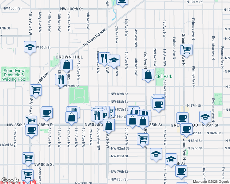 map of restaurants, bars, coffee shops, grocery stores, and more near 715 Northwest 90th Street in Seattle
