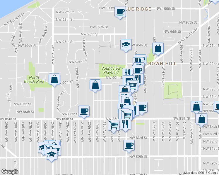 map of restaurants, bars, coffee shops, grocery stores, and more near 8754 17th Avenue Northwest in Seattle
