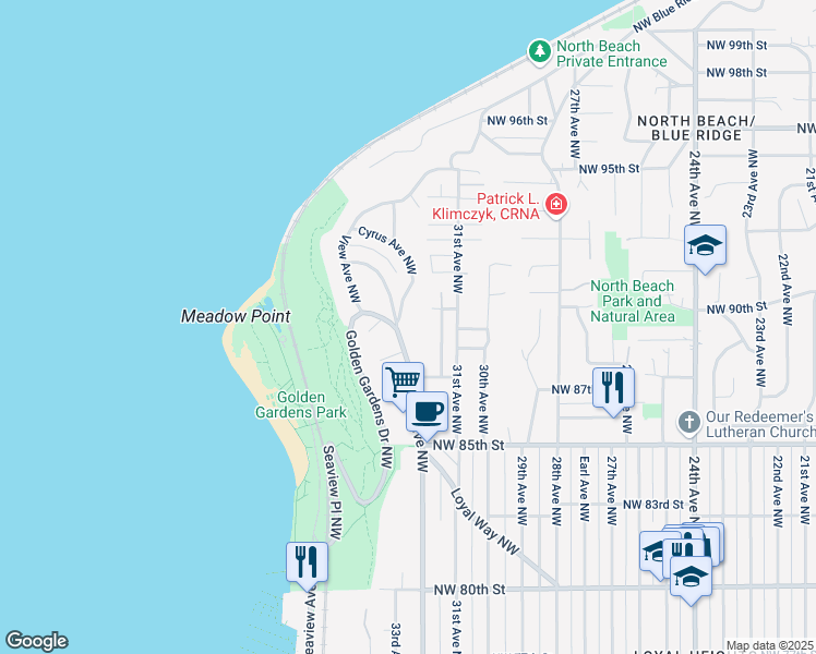 map of restaurants, bars, coffee shops, grocery stores, and more near 9010 Sylvan Place Northwest in Seattle