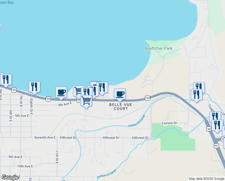 map of restaurants, bars, coffee shops, grocery stores, and more near 50544 U.S. 93 in Polson