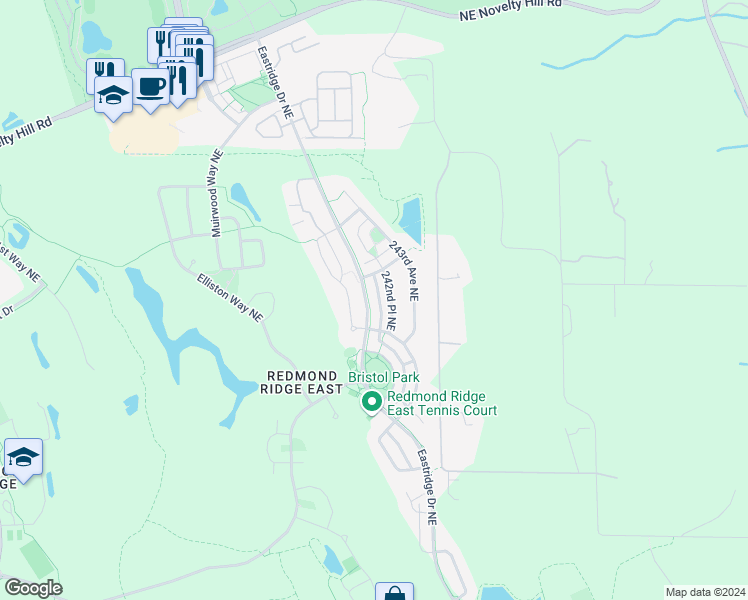 map of restaurants, bars, coffee shops, grocery stores, and more near 10704 Eastridge Drive Northeast in Redmond