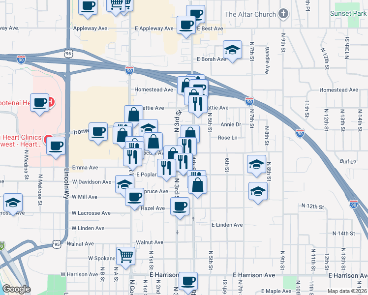 map of restaurants, bars, coffee shops, grocery stores, and more near 1903 North 4th Street in Coeur d'Alene